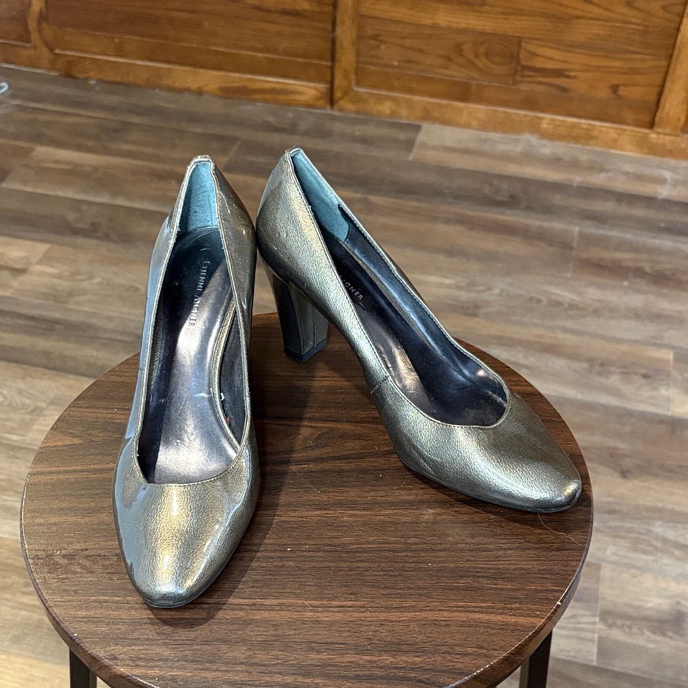 Etienne Aigner Metallic Gray Block Heel Pumps
